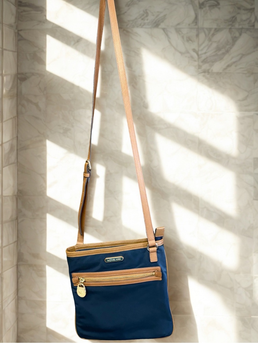 Michael Kors Kempton Navy blue nylon &  brown leather trim Crossbody Bag purse